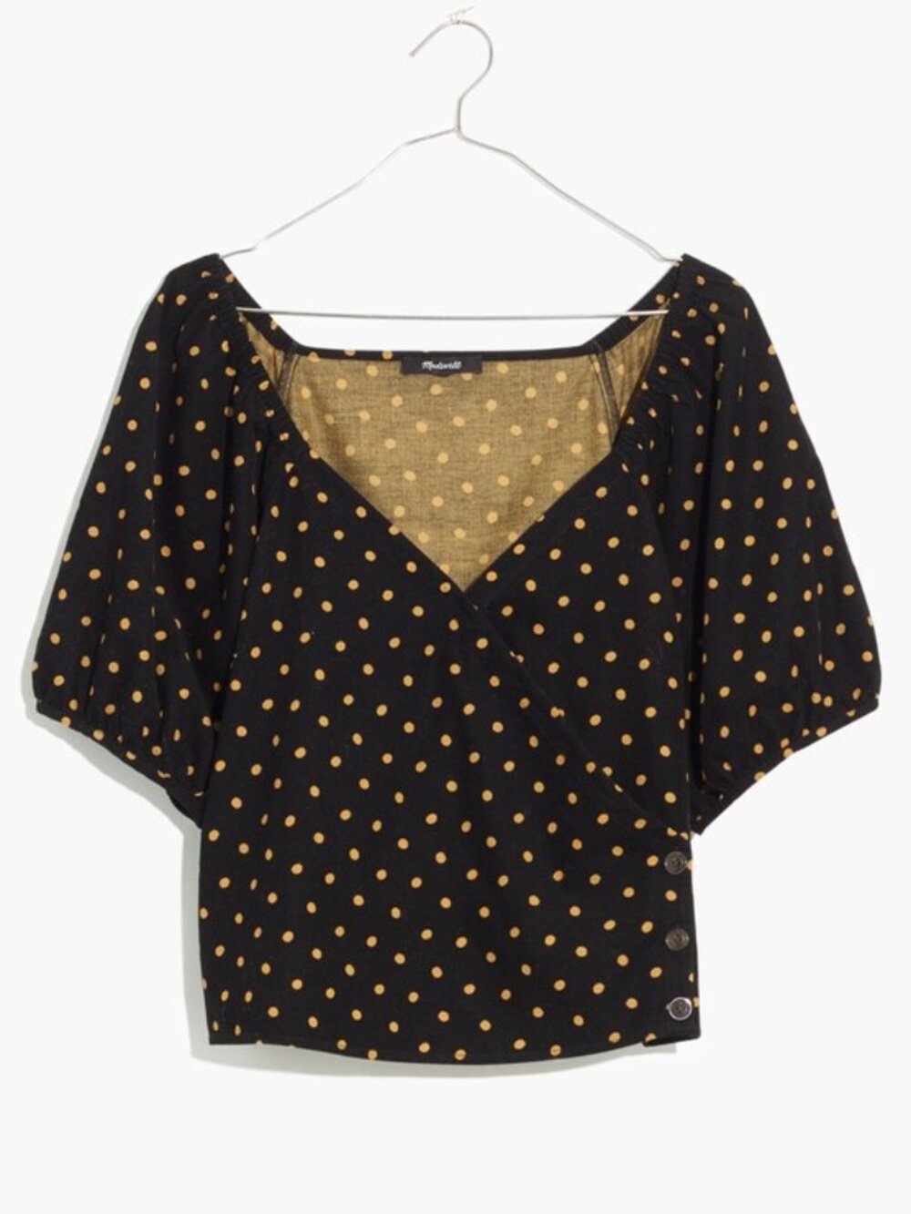 NWOT Madewell Corduroy Wrap Puff Sleeve Blouse Top Black Yellow Dot Size XXS